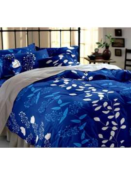 3D White Leaf on Blue Printed Double Bedsheets with Pillow Covers by HOMDAZAL