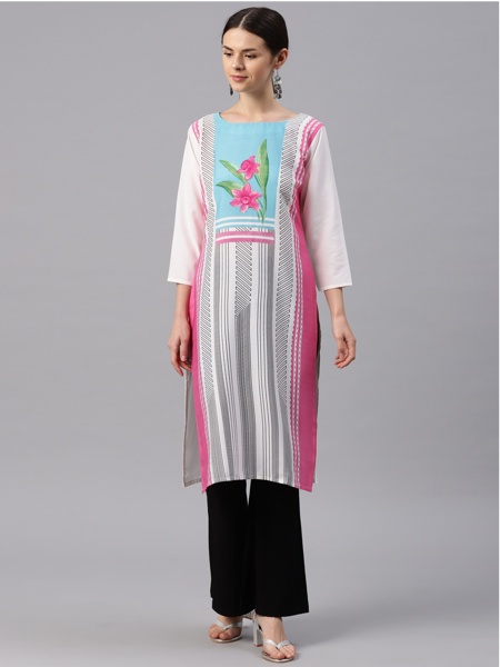 Picture of White Color Crepe Fabric Trendy Printed A Line Kurta PK1512