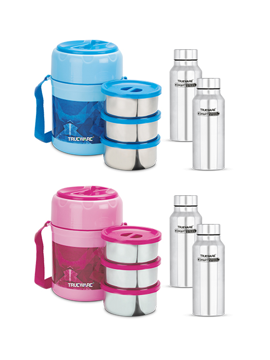 Picture of Trueware Insulated Lunch Box 3 Stainless Steel Containers ( 300ml each) with 2 Pcs Stainless Steel Bottles ( 500ml each)