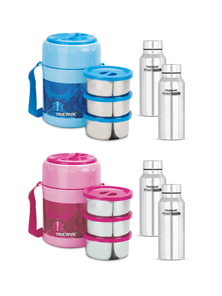 Picture of Trueware Insulated Lunch Box 3 Stainless Steel Containers ( 300ml each) with 2 Pcs Stainless Steel Bottles ( 500ml each)