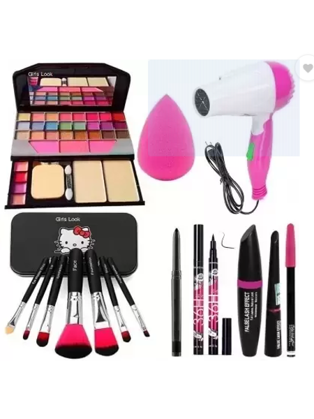 Picture of Makeup Kit with Hair Dryer and 7pc. Makeup Brush Set, 3in1 Mascara, Kajal, 36h Eyeliner, Puff  (9 Items in the set)