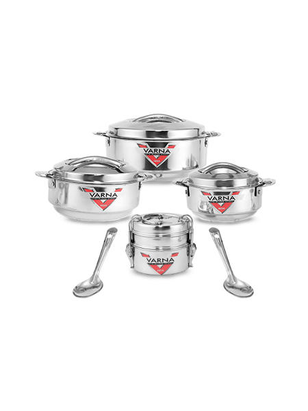 Picture of Set of 3 Insulated Stainless Steel Casserole,2 Serving Spoons with Free 2 Containers  Steel Lunch Box