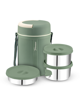 Picture of Trueware GRUB 2 Insulated Hot Lunch Box With 2 SS Container 300 ML & 1 SS Container 200ML 3 Containers Lunch Box  (800 ml, Thermoware) - Dark Green