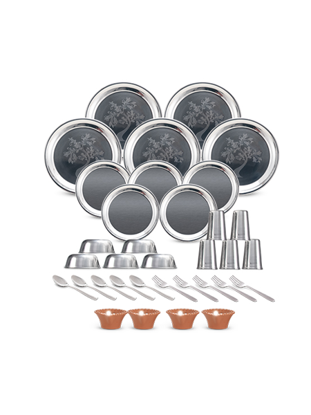 Picture of 30Pcs Designer Stainless Steel Dinner Set with Free 4 Magic Diyas