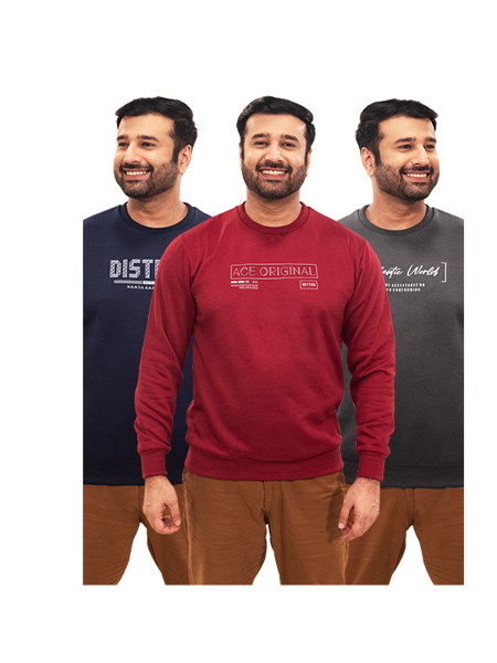 Picture of Pack of 3 Round Neck Printed Fleece Sweatshirts for Men